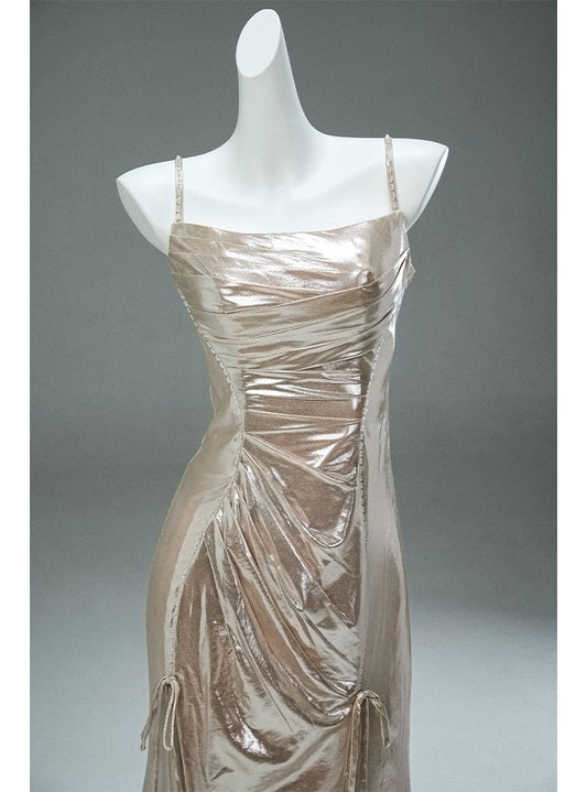 Unique Champagne Spaghetti Strap Mermaid Shining Long Evening Dress Elegant Prom Dress ED02062
