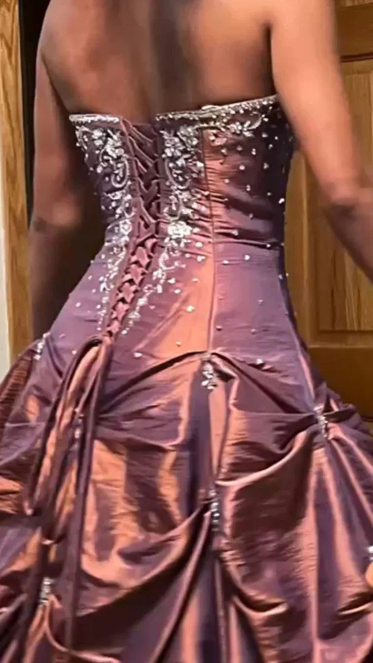 Elegant Red Brown Strapless A-Line Satin Beaded Long Prom Dresses ED02067