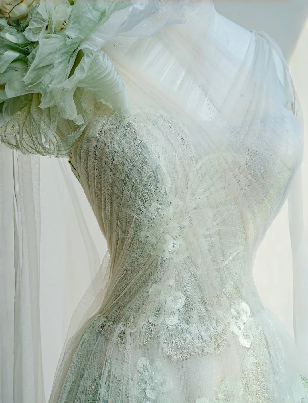 Light Green One Shoulder A-Line Tulle Applique Wedding Dress Formal Evening HZ1024