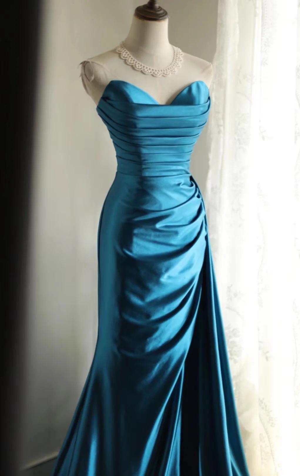 Satin Mermaid Long Evening Dresses Turquoise Sweetheart Open Back Prom Dresses HZ1024