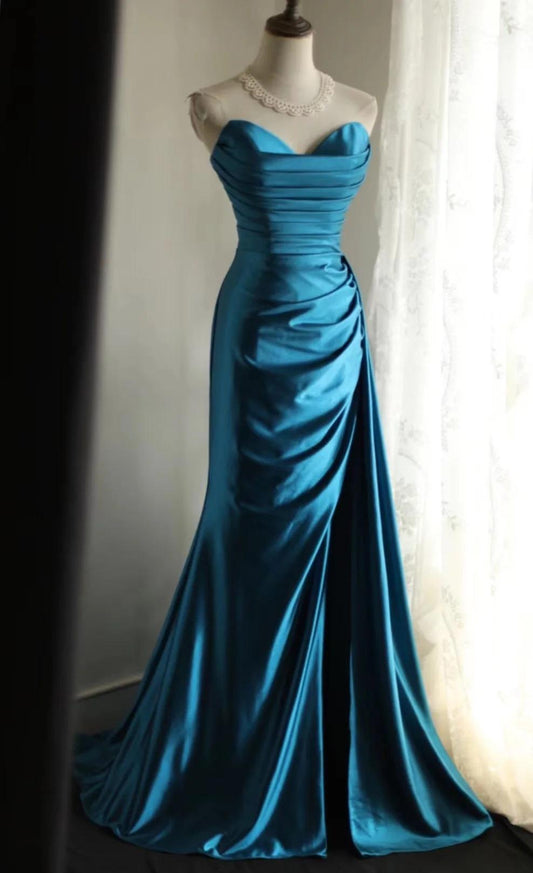 Elegant Satin Mermaid Long Evening Dresses Turquoise Sweetheart Open Back Prom Dresses ED02120