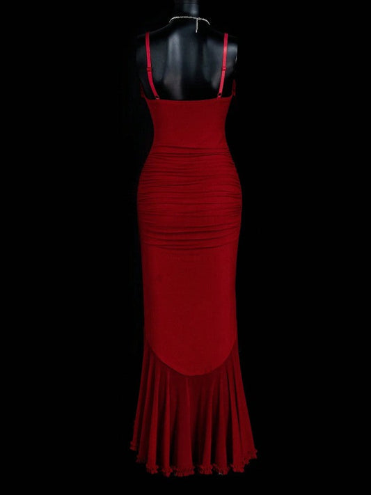 Classic Red Chiffon Spaghetti Straps Mermaid Party Dresses ED02166