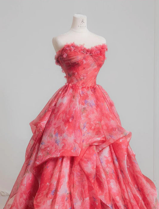 Red A-Line Strapless Printed Tulle Wedding Dress Sweet Long Prom Dresses HZ1024