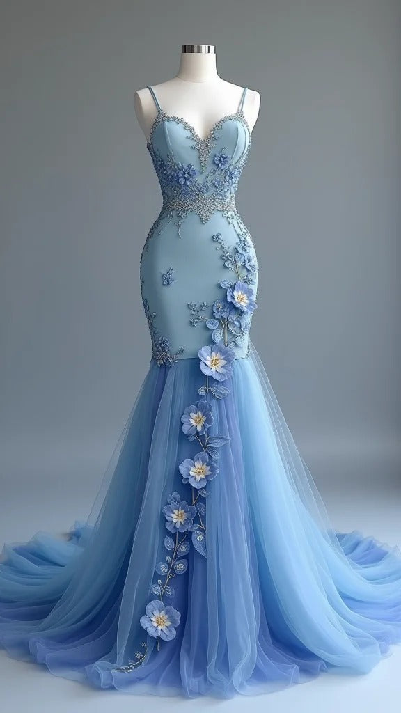 Blue Spaghetti Straps Mermaid Tulle Beaded Long Prom Dresses Formal Evening Gowns HZ1024