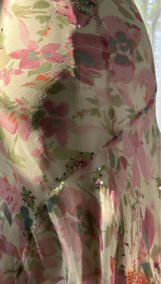 Gentle Printed Chiffon Sequin Mermaid Formal Dresses Spaghetti Strap Vintage Evening Dress ED02231