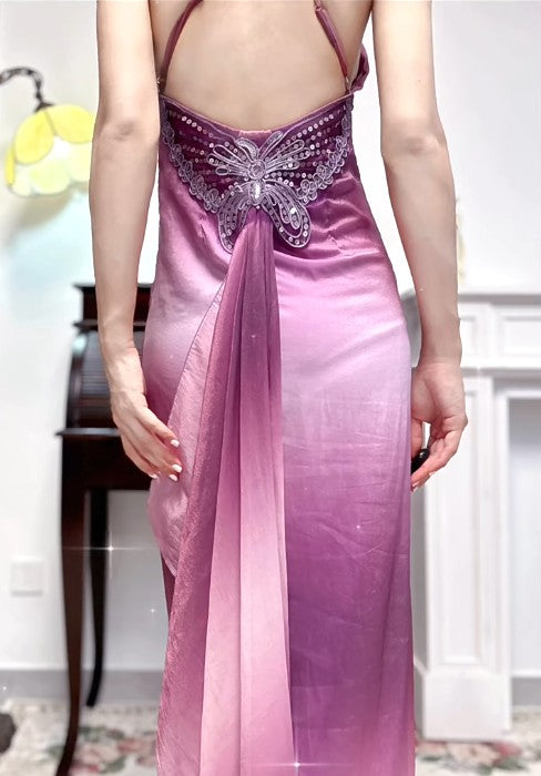 Gothic Retro Gradient Fuchsia Spaghetti Straps Satin Open Back Elegant Long Prom Dresses ED02234