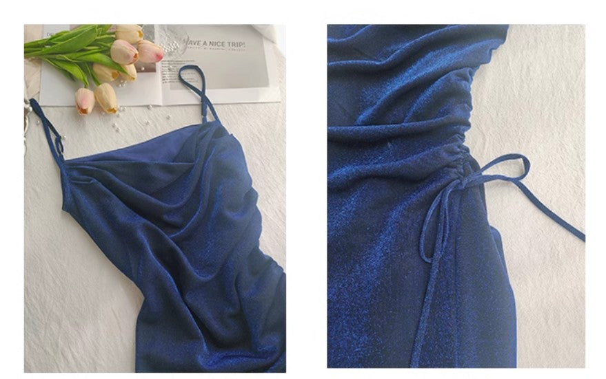 Midnight Blue Shiny Silk Mermaid Dress Swing Neck Luxurious Birthday Party Dress ED02243