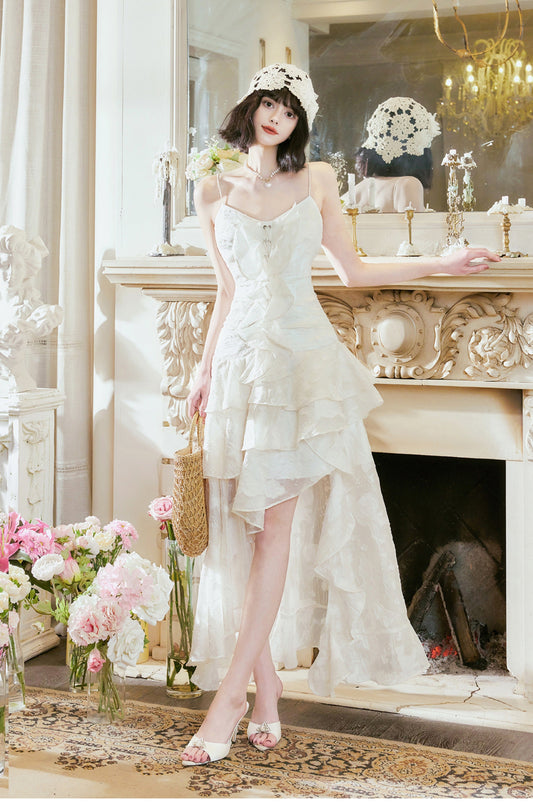 Sweet Light Apricot Spaghetti Strap Chiffon Ruffle Hi-Lo Birthday Party Dress ED02253