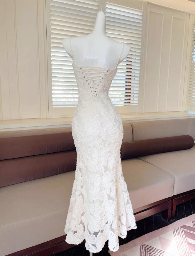 White Elegant 3D Flower Embroidery Spaghetti Straps Mermaid Birthday Party Dress ED02255