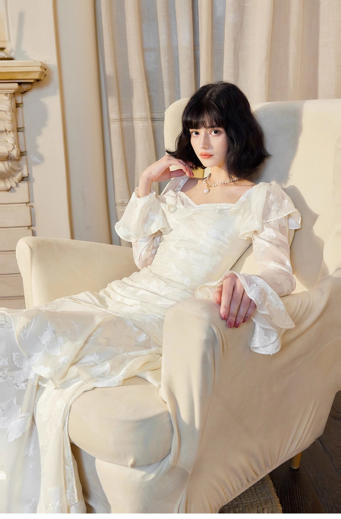 Light Apricot Chiffon Jacquard Long Sleeves Ruffled Evening Dress HZ1024