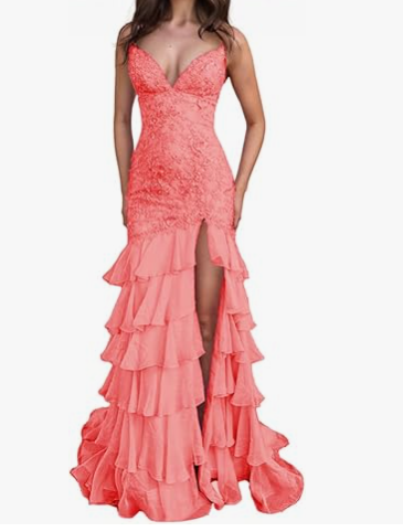 Stunning Lilac Mermaid Spaghetti Straps Silt Prom Dress Backless Lace Applique Evening Dress with Ruffles ED02271