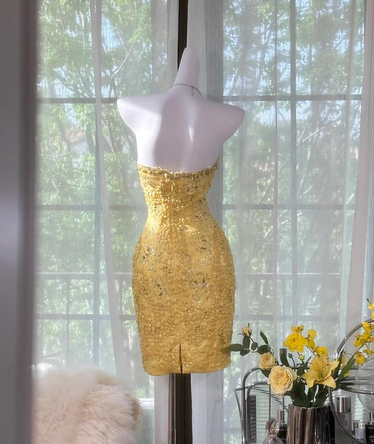 Vintage Butter Yellow Sweetheart Bodycon Evening Gonws Satin Beaded Short Prom Dresses for Party ED02273