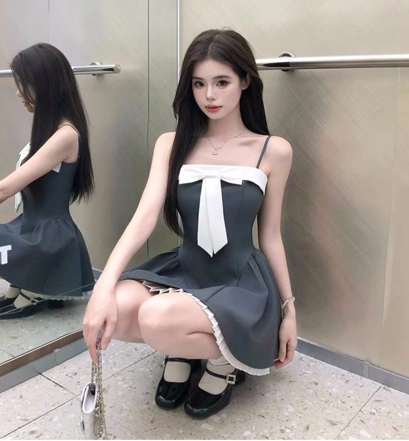 French style stitching suspender dress with bow waist short skirt ED02305