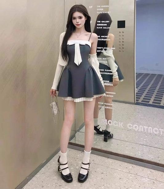 French style stitching suspender dress with bow waist short skirt ED02305