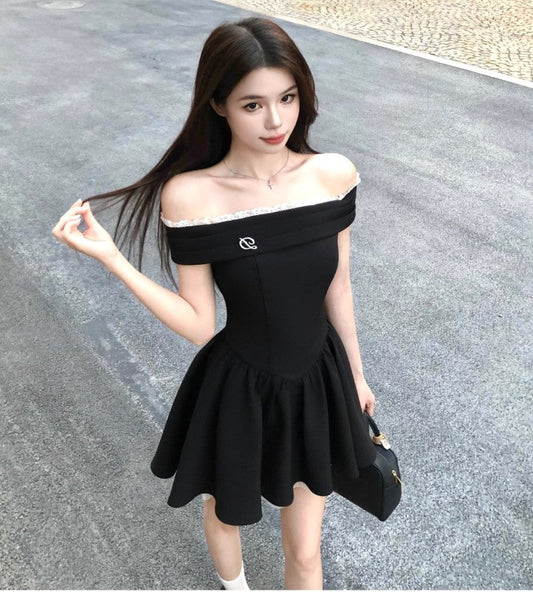 French style black off-shoulder dress summer short skirt ED02306