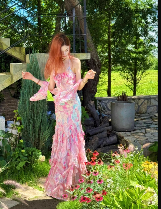 Fairytale Pink Spaghetti Straps Printed Chiffon Mermaid Prom Dresses Vintage Backless Evening Gowns ED02320