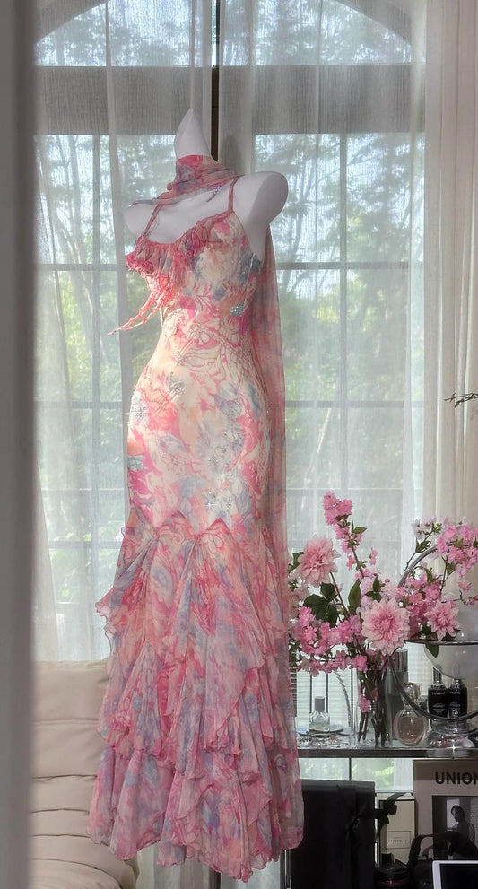 Fairytale Pink Spaghetti Straps Printed Chiffon Mermaid Prom Dresses Vintage Backless Evening Gowns ED02320