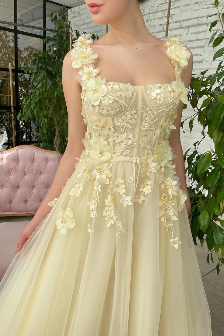 Butter Yellow Square Neck Tulle Applique A-Line Long Prom Dresses Formal Evening Gowns HZ1024
