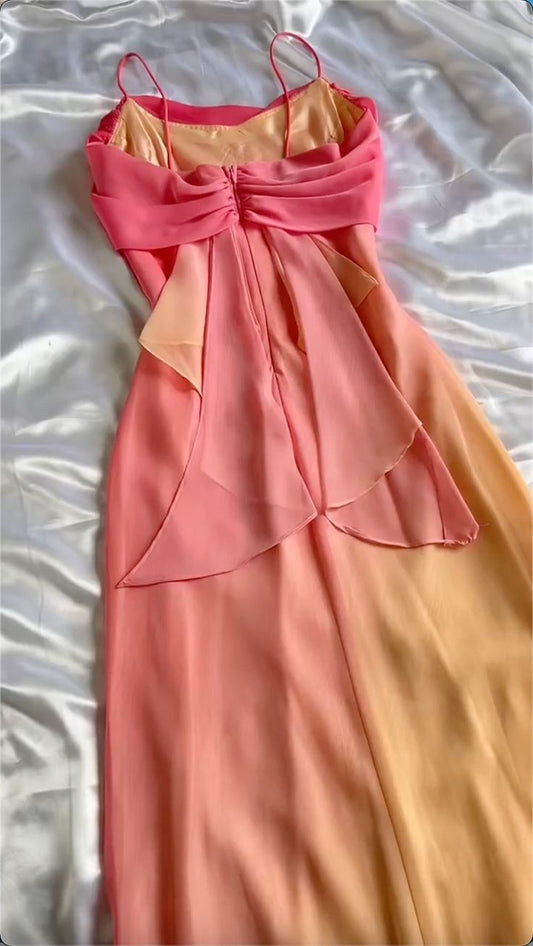 Gradient Pink Sheath Spaghetti Straps Fairytale Chiffon Long Prom Dresses Vintage Party Dress ED02339