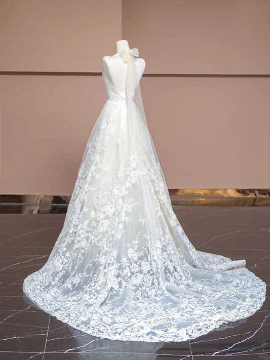 Elegant White V-neck Lace Applique A-Line Wedding Dress with Train ED02345