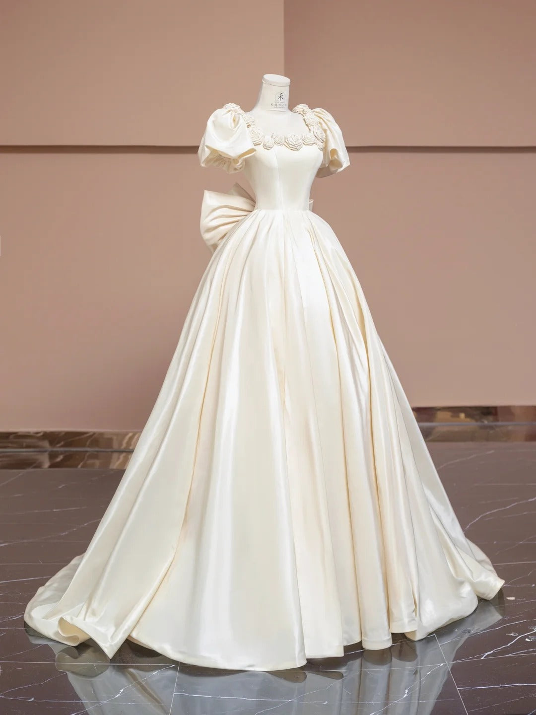 Off-White A-Line Satin Square Neck Wedding Dress with 3D Flowers HZ1024