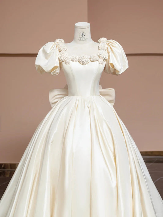 Charming Off-White A-Line Satin Square Neck Wedding Dress with 3D Flowers ED02348