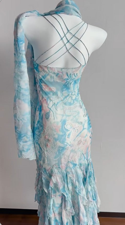Stunning Blue Printed Chiffon Spaghetti Straps Beaded Sheath Prom Dresses for Party ED02350