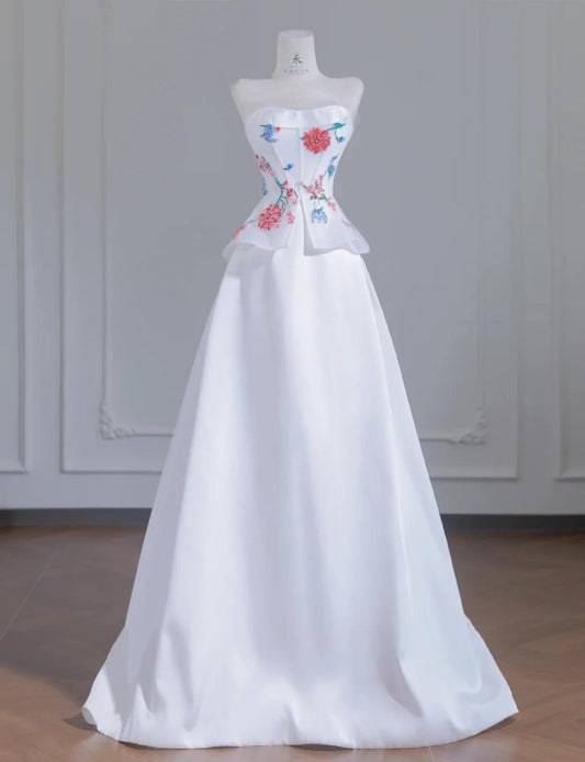 White Strapless Satin Beaded A-line Wedding Dresses Formal Evening Gowns HZ1024