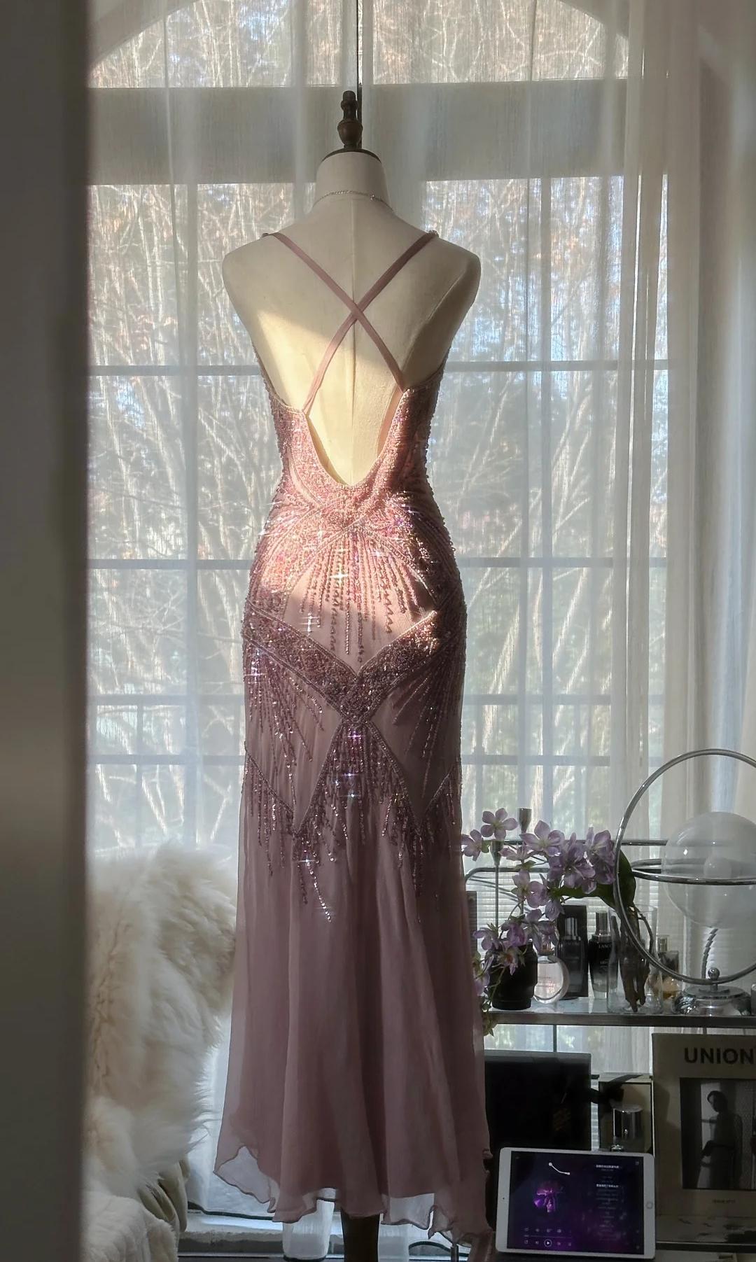 Retro Dusty Pink Spaghetti Straps Mermaid Chiffon Beading Prom Dresses Elegant Party Dress ED02363