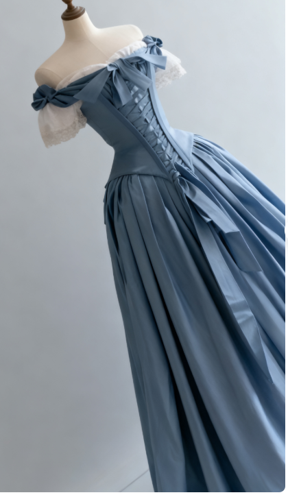 Vintage Blue Palace Style Satin A-Line Long Prom Dresses Formal Off-the-shoulder Evening Gowns ED02365