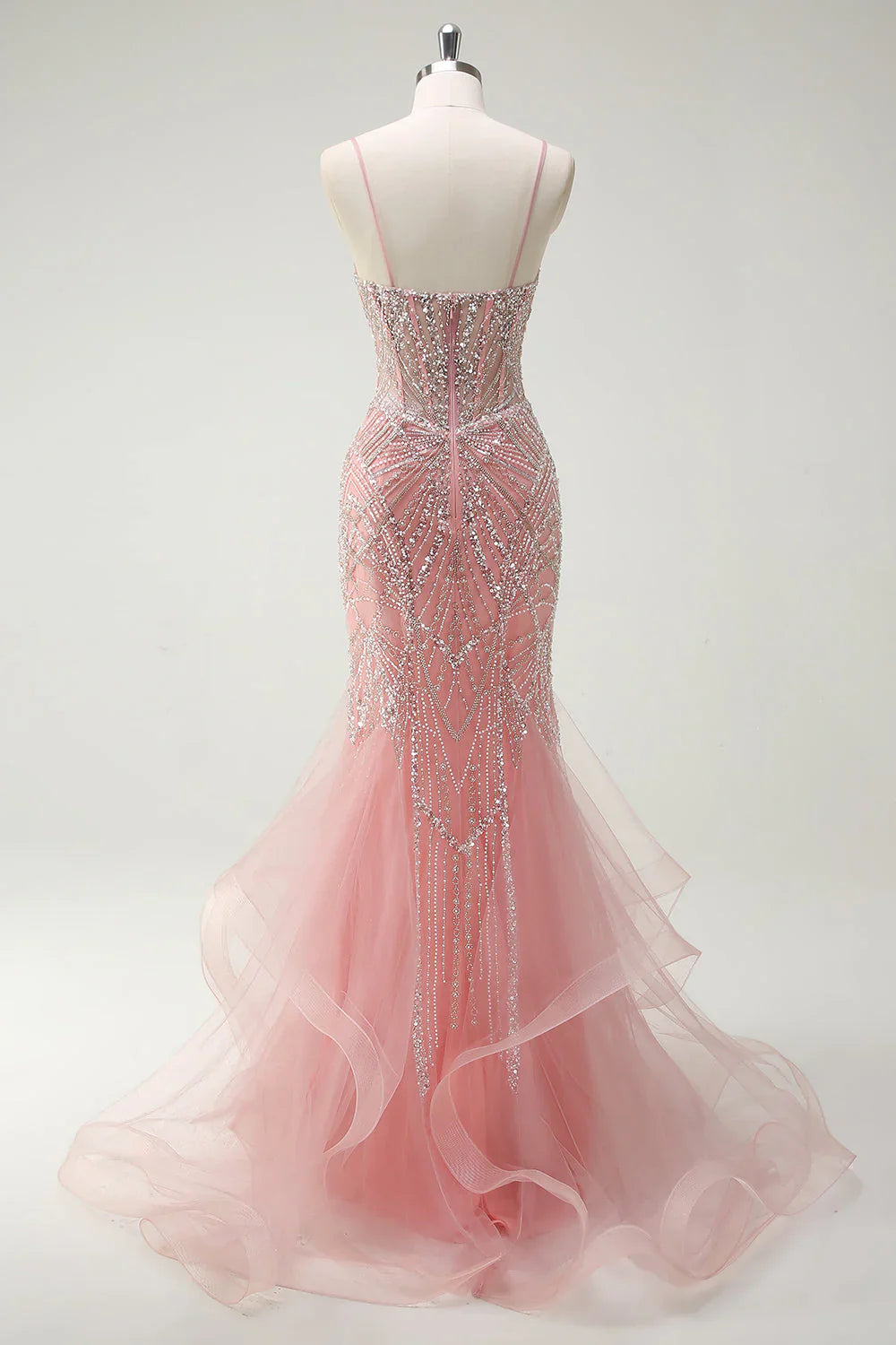 Fairytale Peach Spaghetti Straps Mermaid Beaded Tulle Long Prom Dresses Formal Evening Gowns ED02366