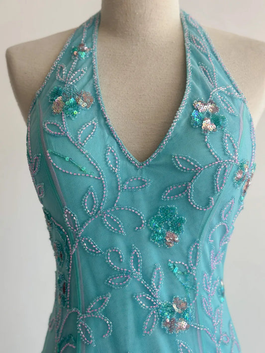 Vintage Mermaid Blue Tulle Prom Dresses Halter Gorgeous Beaded Backless Evening Gowns ED02368