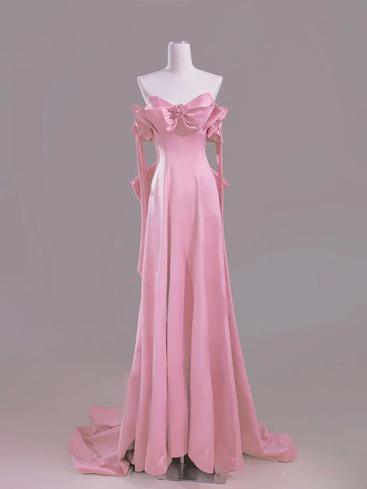 Pink A-Line Off Shoulder Satin Train Wedding Dress Formal Evening Gowns HZ1024