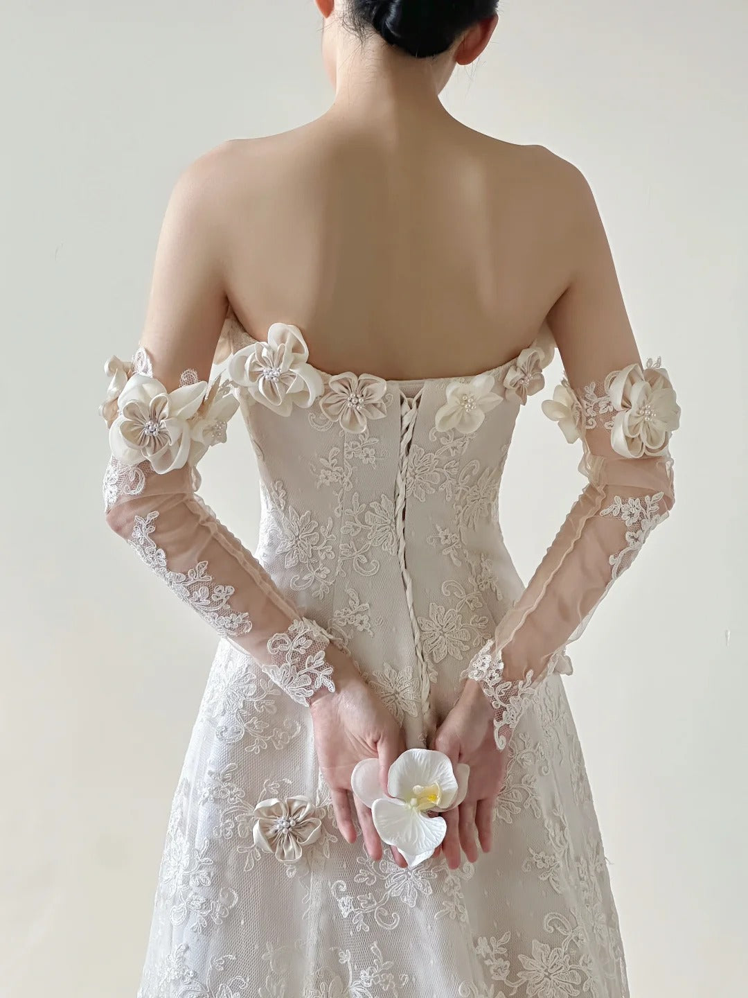 White Strapless Lace Applique A-Line Wedding Dress HZ1024