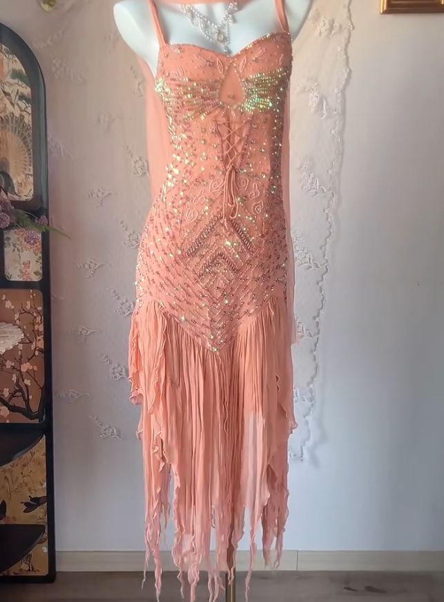 Glam Peach Spaghetti Strap Party Dress Sheath Chiffon Beaded Short Prom Dresses ED02401