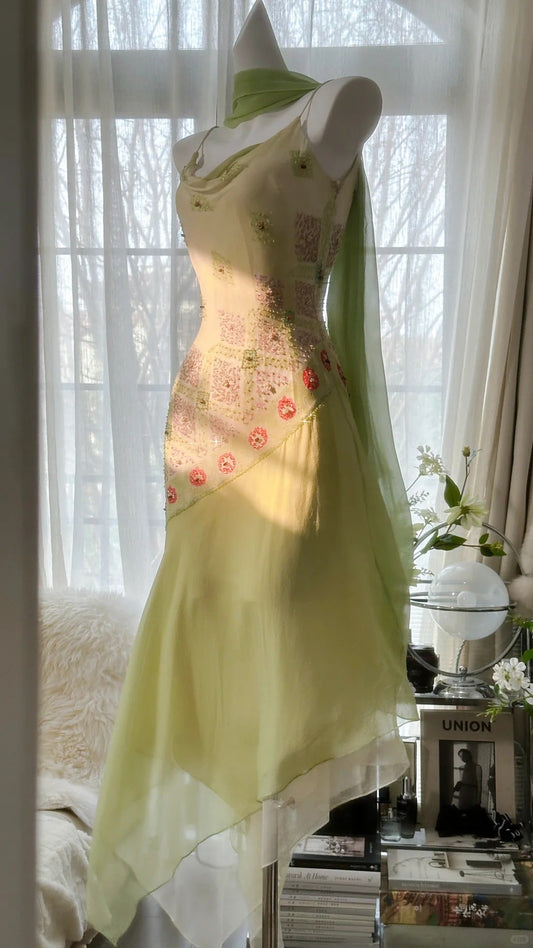 Fairytale Green Spaghetti Straps Vintage Party Dress Sheath Chiffon Beaded Short Prom Dresses ED02406