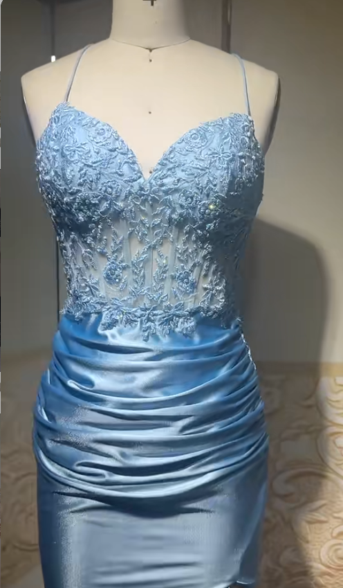 Elegant Sky Blue Spaghetti Straps Bodycon Lace Applique Satin Long Prom Dresses Formal Evening Gowns ED02411