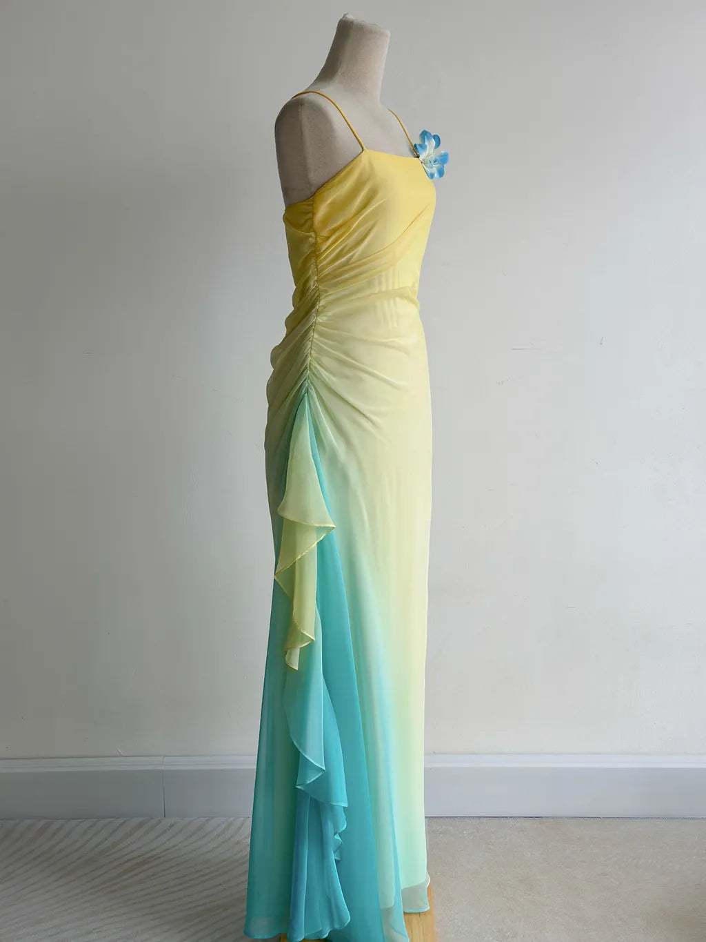 Butter Yellow Spaghetti Strap Sheath Chiffon Prom Dresses Vintage Evening Gowns HZ1024