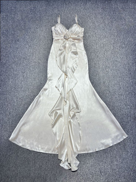 Elegant Off-White Mermaid Party Dress Spaghetti Straps Satin Prom Dresses ED02430