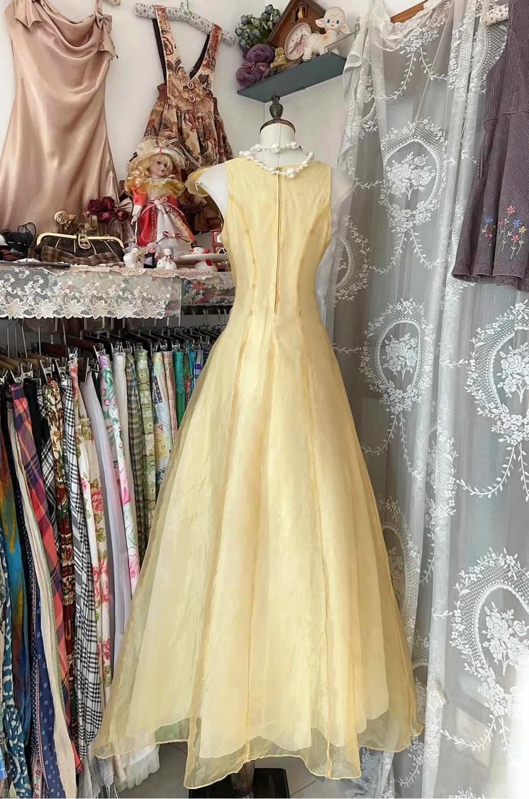 Butter Yellow Evening Gowns Round Neck A-Line Tulle Party Dress HZ1024