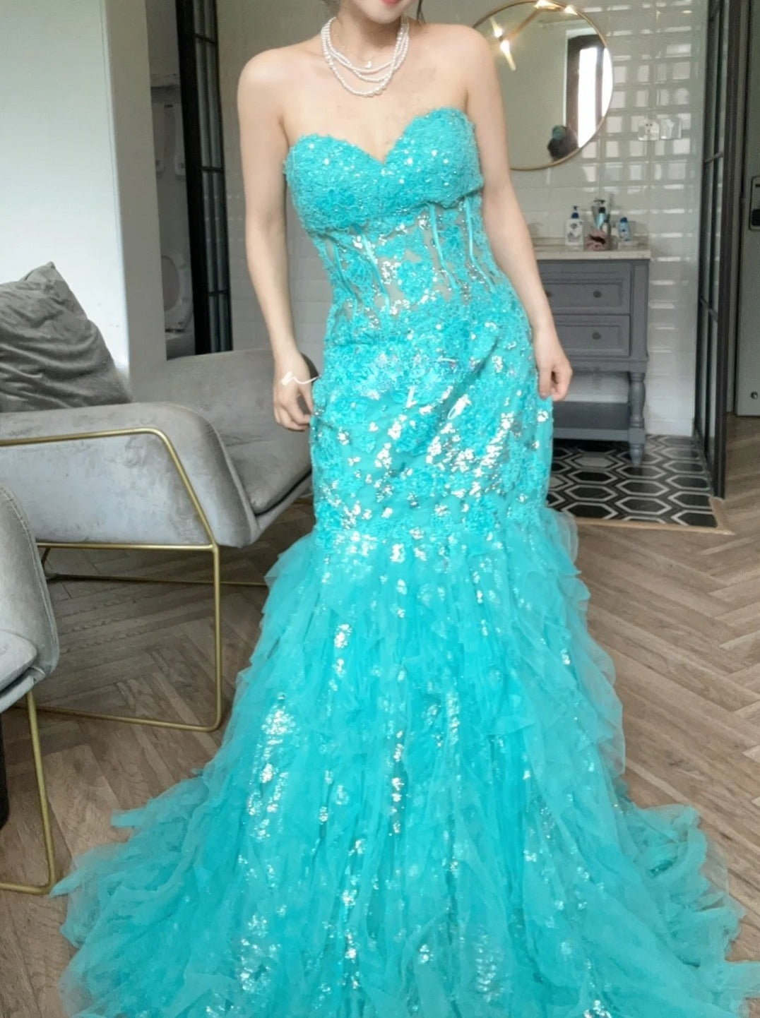 Blue Sweetheart Neck Mermaid Tulle Appliques Long Prom Dresses Formal Evening Gowns HZ1024
