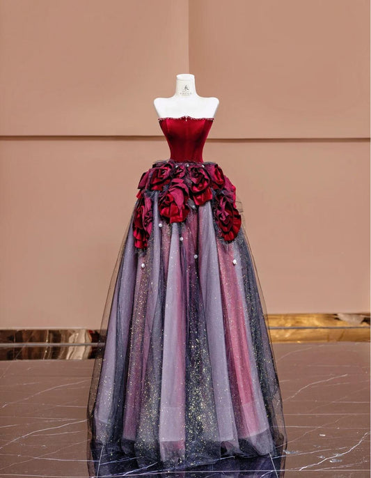 Stunning Burgundy Strapless Velvet A-Line Tulle Long Prom Dresses Unique Wedding Dress ED02443