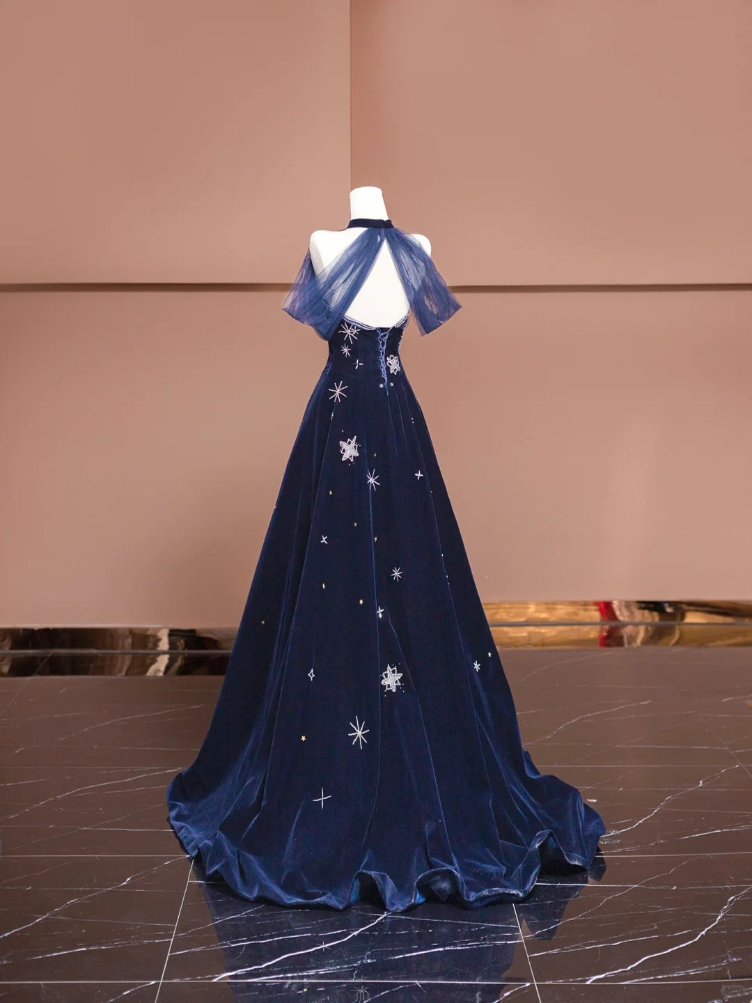 Elegant Navy Blue Sweetheart A-Line Velvet Long Prom Dresses Formal Evening Dresses ED02446