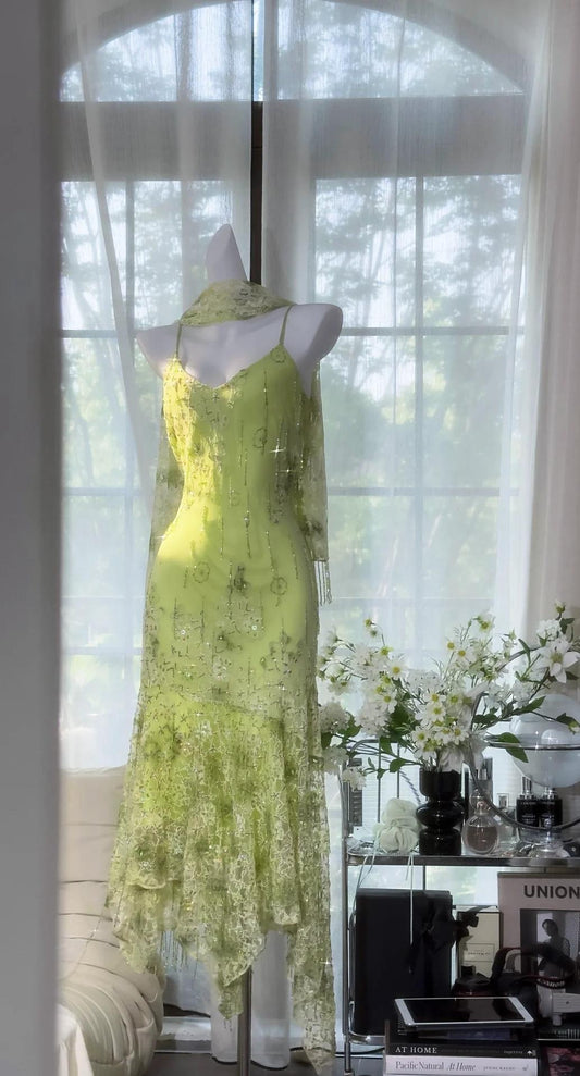 Gorgeous Green Spaghetti Straps Mermaid Chiffon Beaded Prom Dresses Vintage Party Dress ED02447