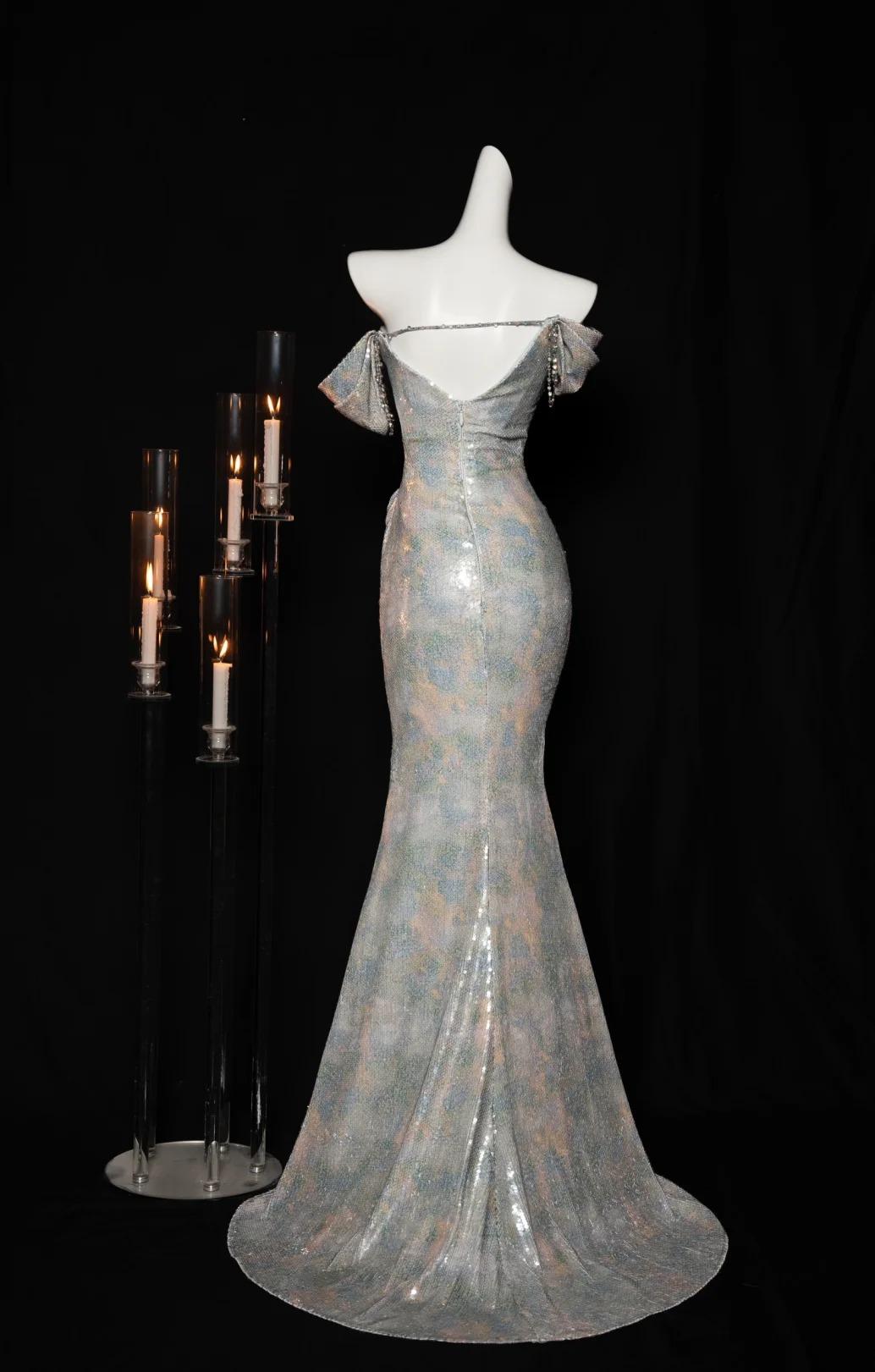 Elegant Off-shoulder Mermaid Sequined Prom Dresses With Open Back Formal Evening Gowns ED02453
