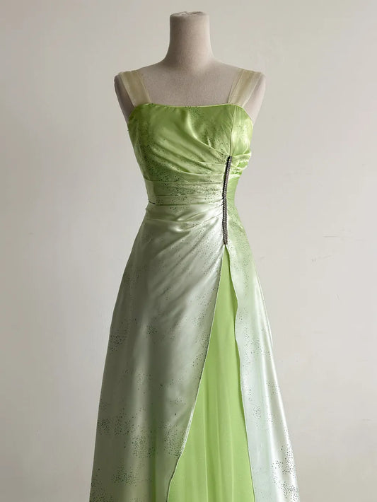 Green Square Neck A-Line Satin Sequins Prom Dresses Vintage Tulle Party Dress HZ1024