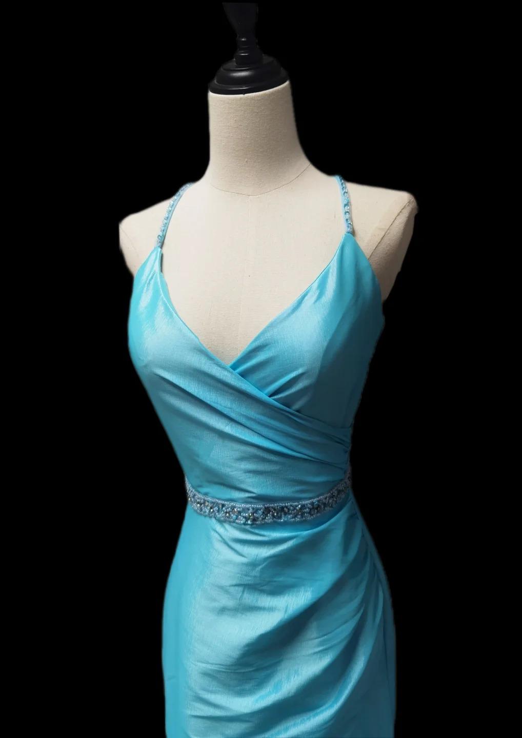 Elegant Blue Mermaid Taffeta V-neck Long Prom Dresses Formal Evening Gowns ED02467