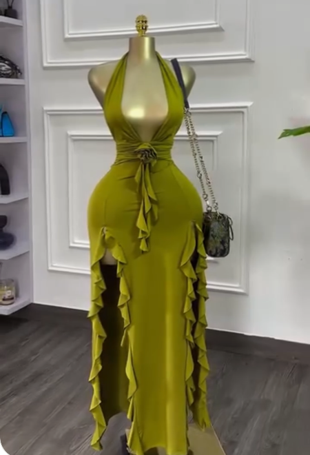 Olive Green Deep V Neck Bodycon Party Dress Sexy Satin Slit Evening Gowns HZ1024