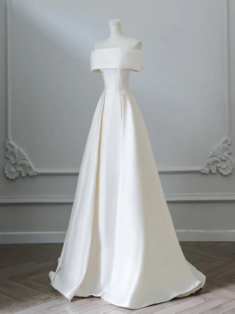 A-Line Off Shoulder Satin Light Champagne Long Prom Dress, Light Champagne Evening Dress ED025