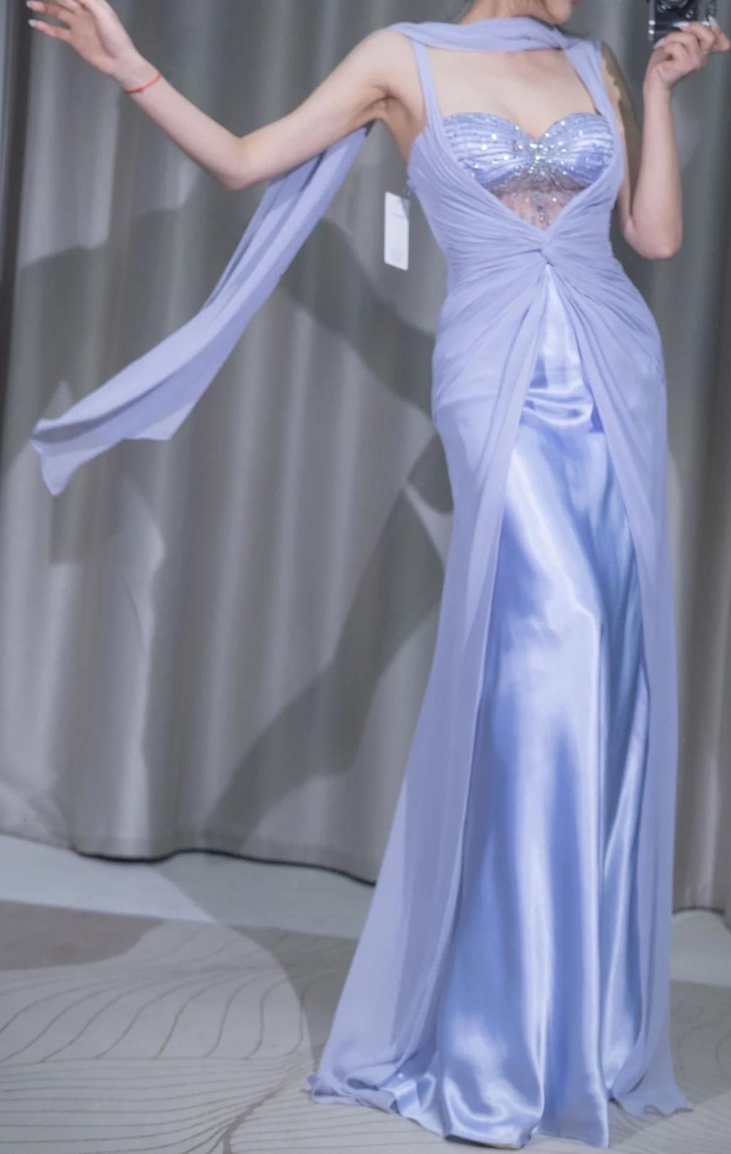 Glam Purple Sweetheart Neck Sheath Satin Chiffon Long Prom Dresses Formal Evening Gowns ED02504